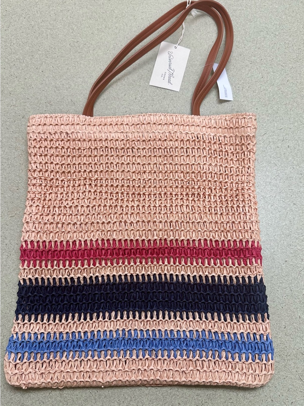 Boho Handwoven Pink Stripe Tote Bag with Leather Handles